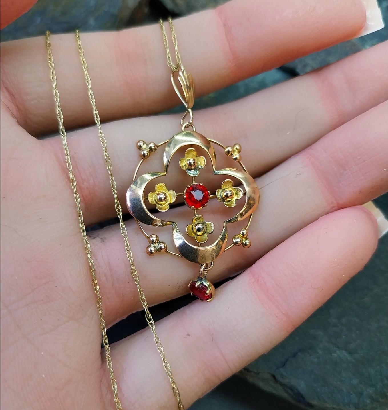 Edwardian 9ct Rose GOLD Red Gemstone Drop Pendant Necklace 20" Chain - 2.6g