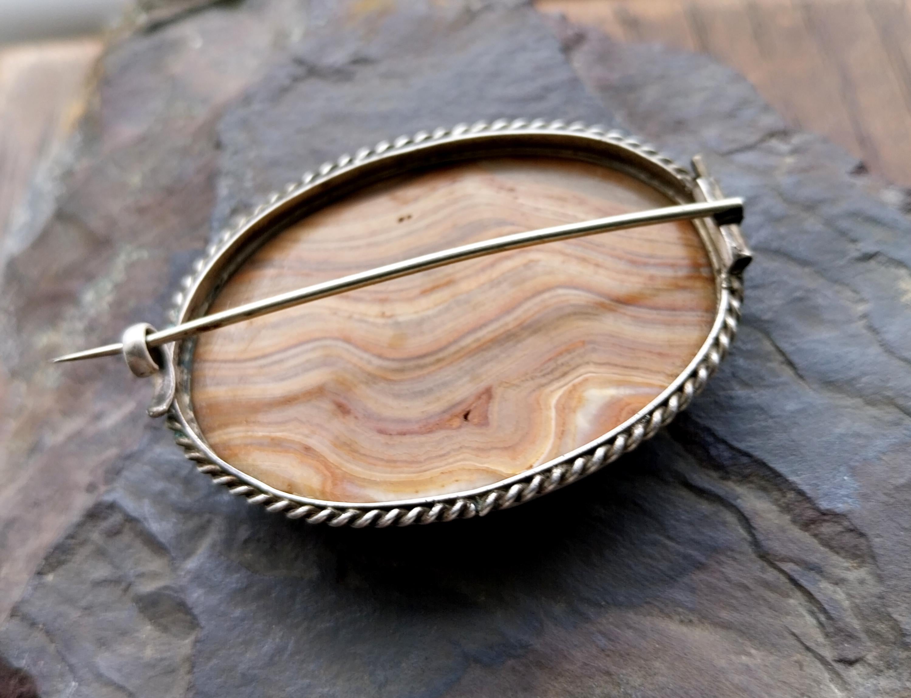 Antique Silver Banded JASPER Landscape Agate Brooch - Victorian - 18.4g
