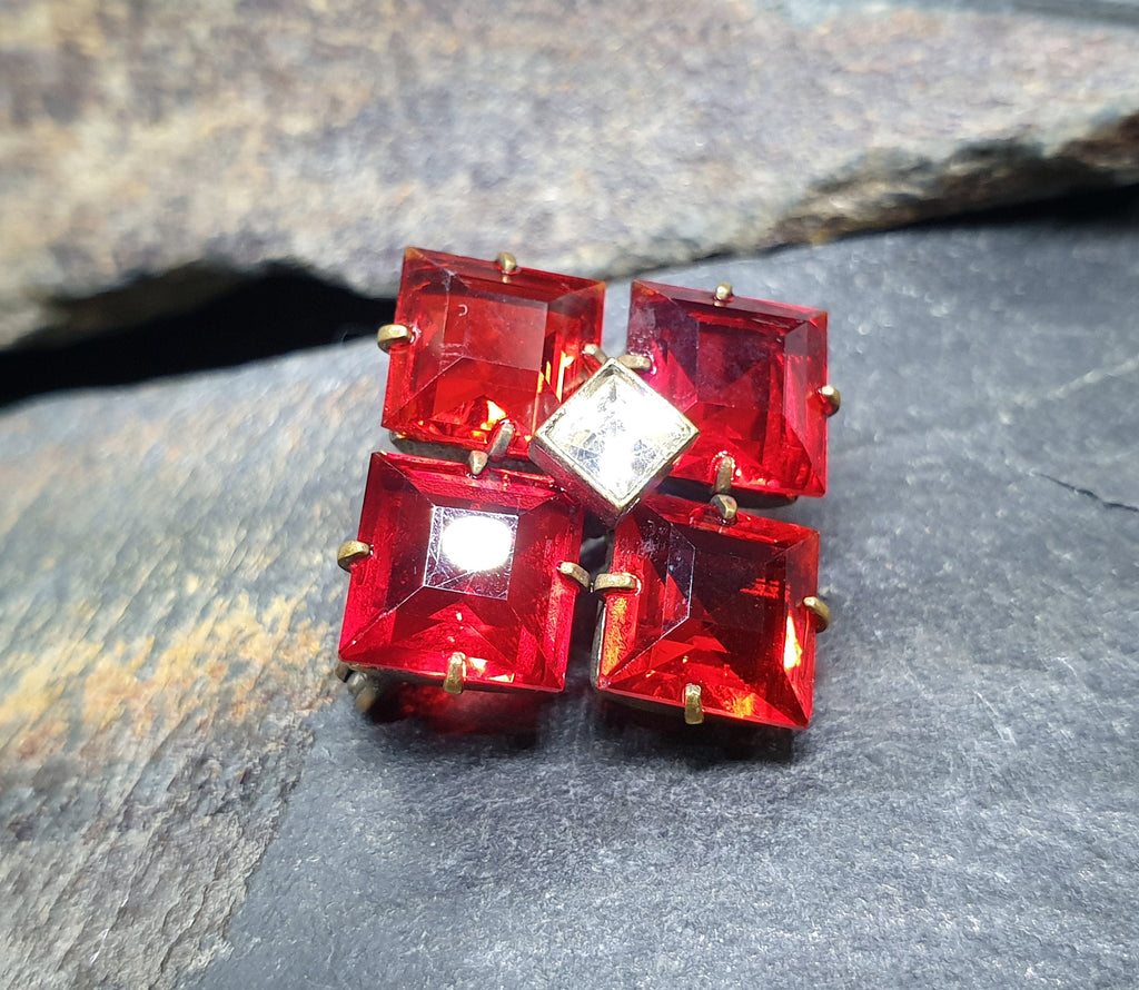 Antique Art Deco Czech BROOCH -Bright Red Coloured Glass  - 3.8g