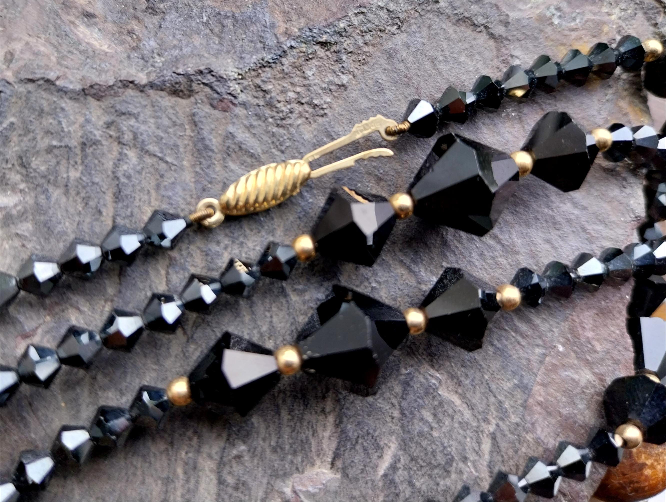 Vintage Jet Black Bead Necklace with 9ct gold spacers - 20" - 21.2g