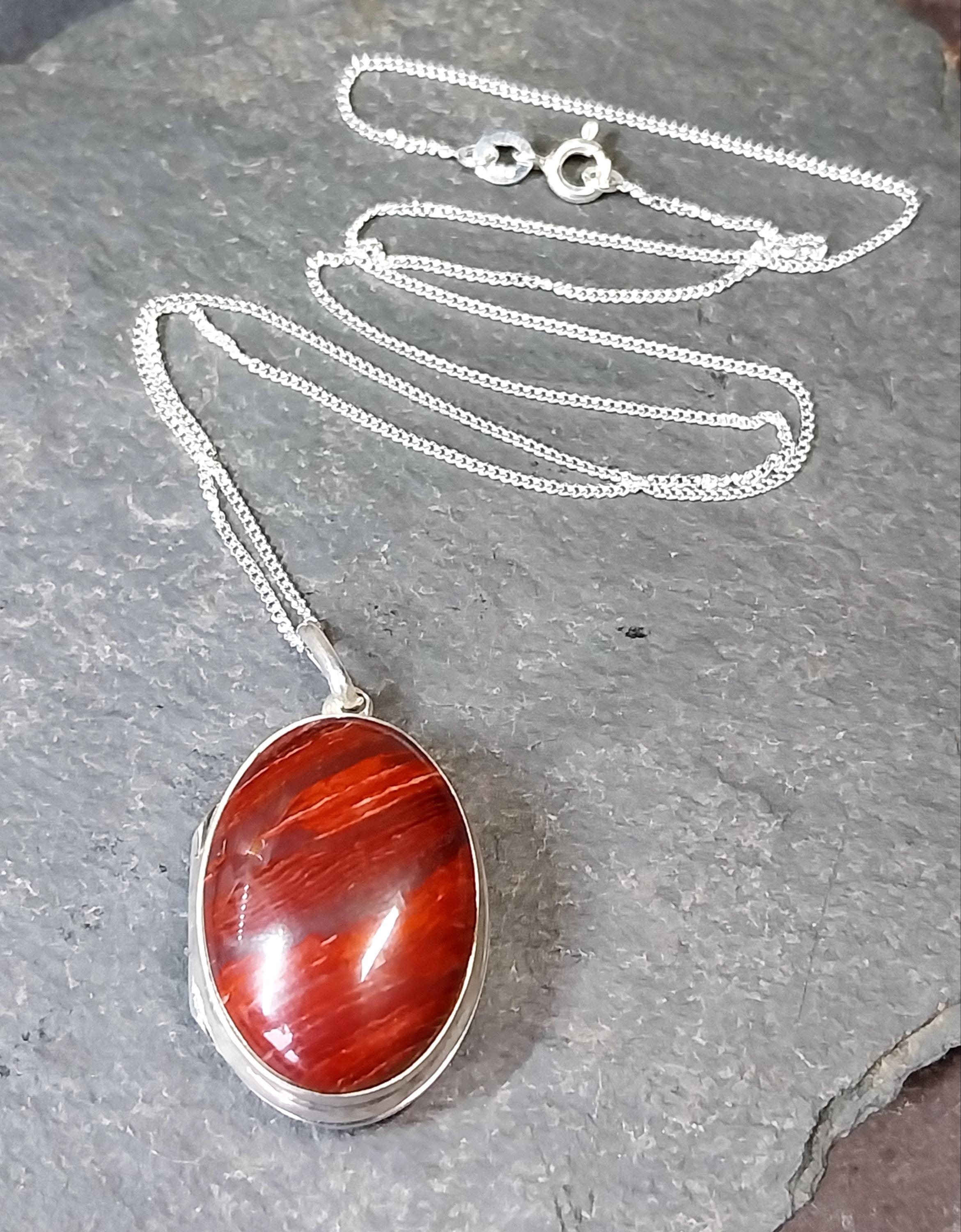 Sterling Silver RED JASPER Agate Locket Necklace  on 18" chain  - 12.2g