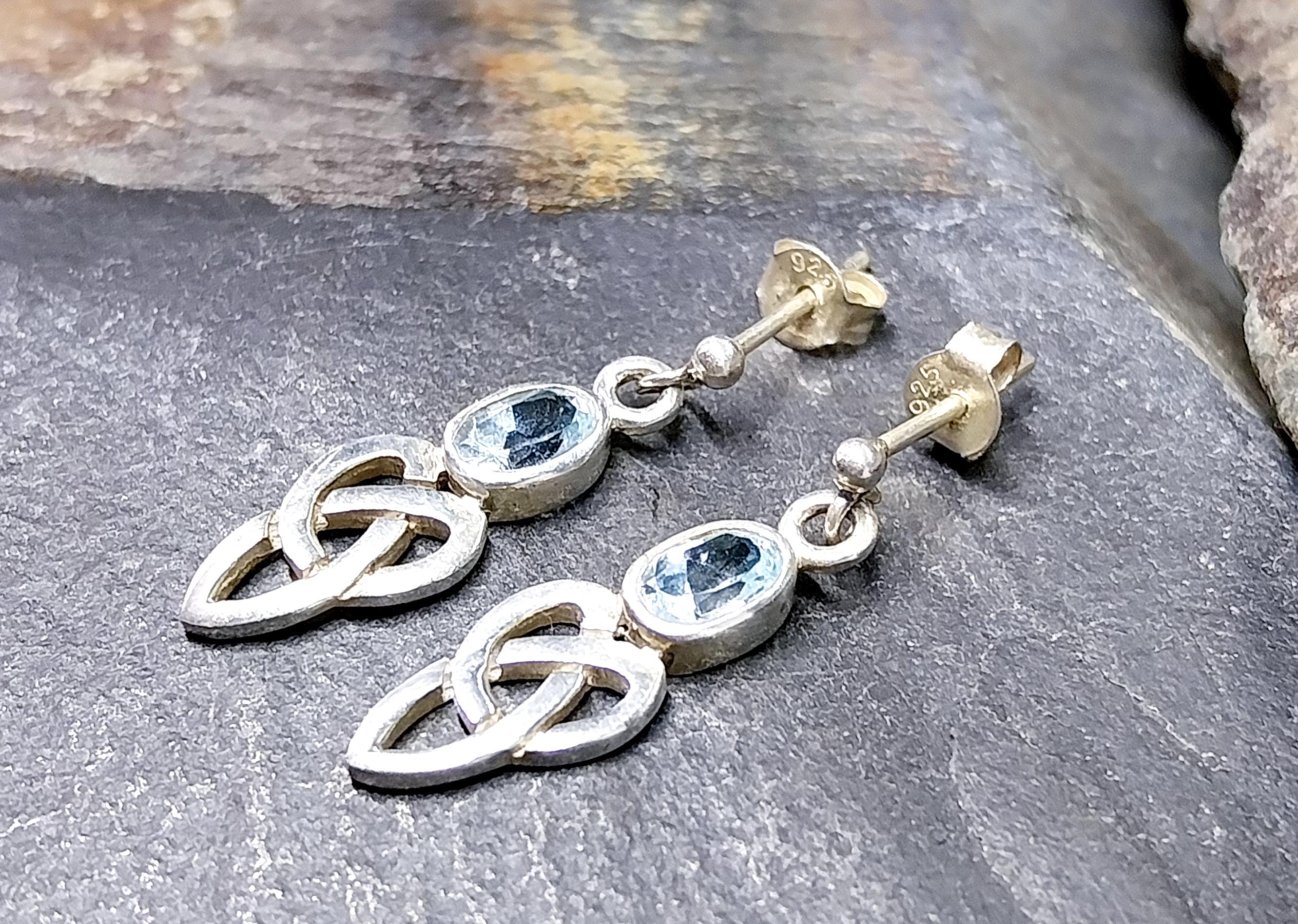 Vintage Sterling Silver Blue Topaz EARRINGS - Celtic Drop Dangling  - 2.7g