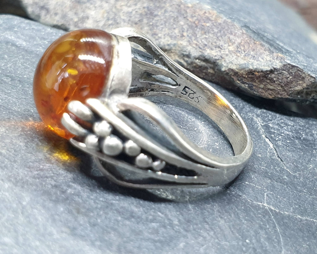 Vintage Baltic AMBER Sterling Silver Ring - uk size M (6) - 5.6g