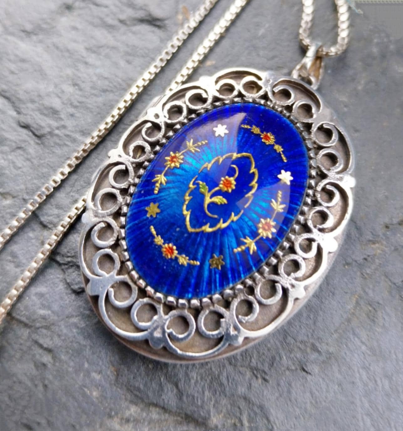 Sterling Silver Guilloche LOCKET , Blue Enamel on 22" chain - 24.8g