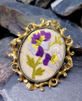 Victorian Large LOCKET BROOCH Pendant with Embroidered Forget me not Flowers - 24.4g