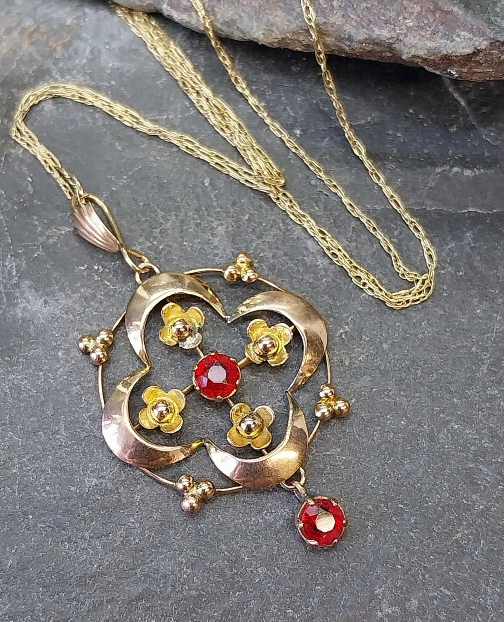 Edwardian 9ct Rose GOLD Red Gemstone Drop Pendant Necklace 20" Chain - 2.6g