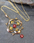 Edwardian 9ct Rose GOLD Red Gemstone Drop Pendant Necklace 20" Chain - 2.6g