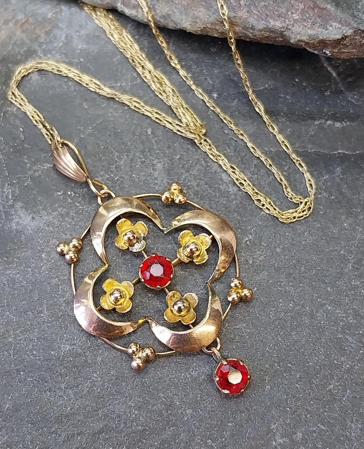 Edwardian 9ct Rose GOLD Red Gemstone Drop Pendant Necklace 20" Chain - 2.6g