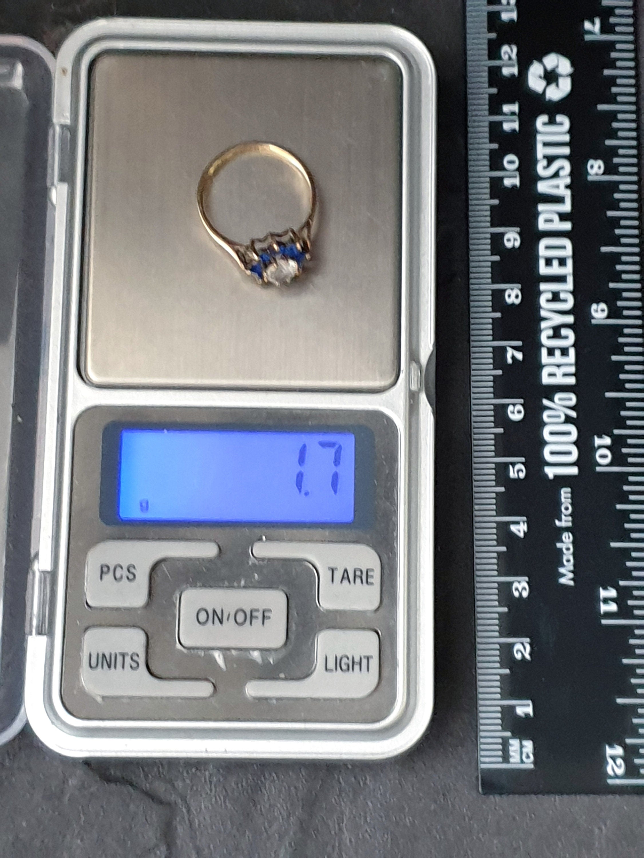 Vintage 9ct GOLD Ring - Blue Flower Cluster - UK Size P (us 7.5) - 1.7g