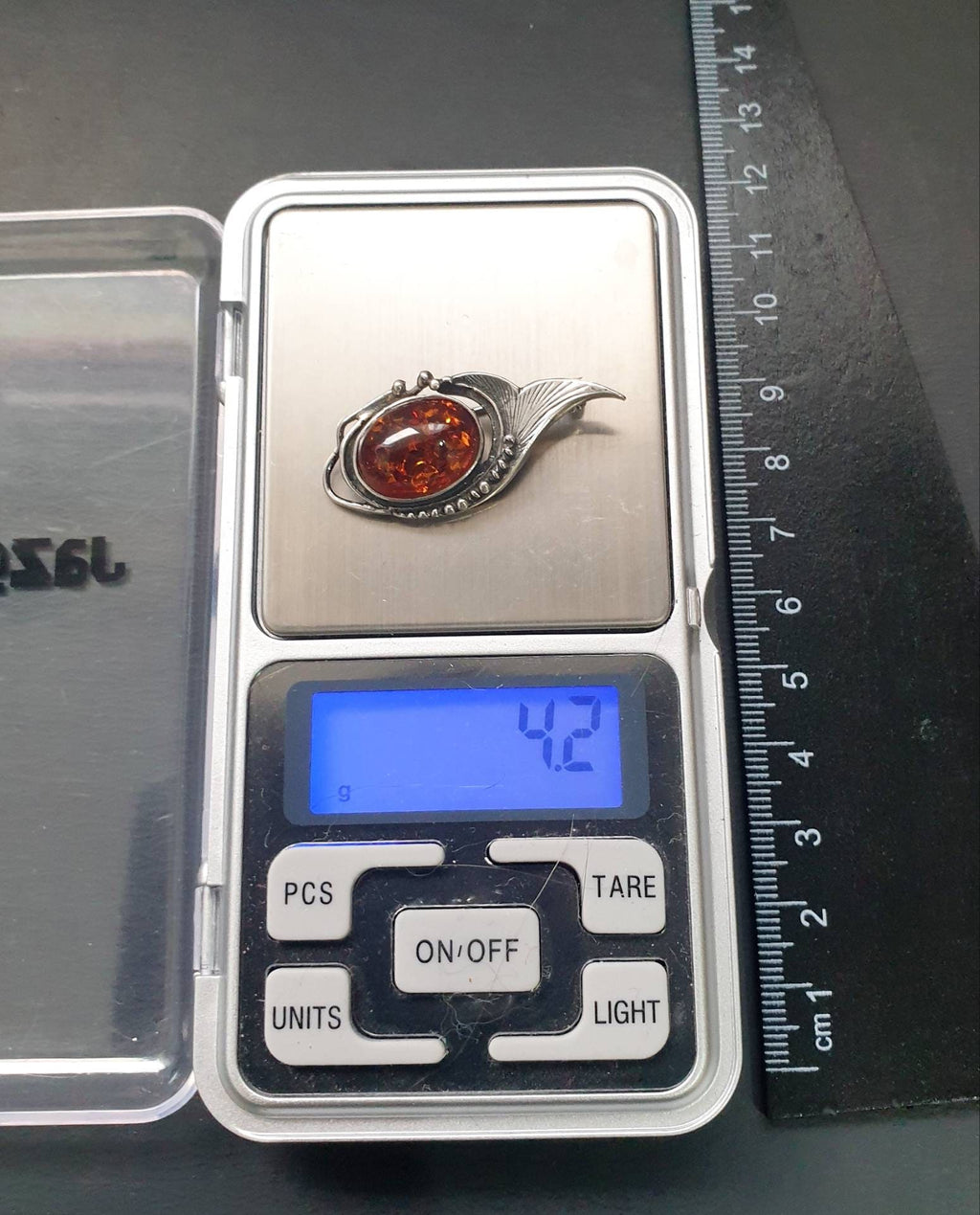 Vintage SILVER AMBER Brooch - Abstract Leaf Art Nouveau Style - 4.2g