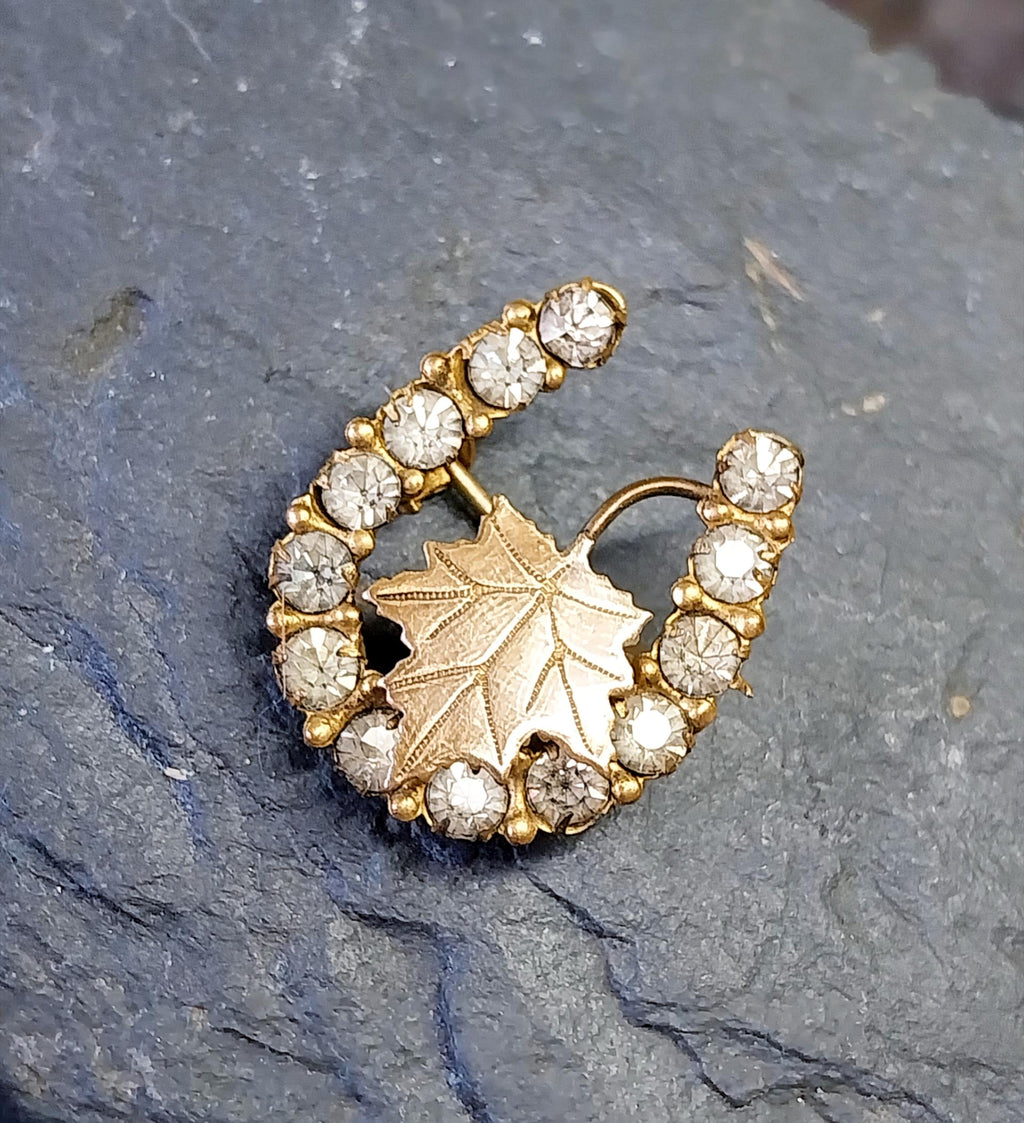 Antique HORSESHOE BROOCH - 9ct Gold Maple Leaf with Paste Stones 3.5g