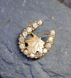 Antique HORSESHOE BROOCH - 9ct Gold Maple Leaf with Paste Stones 3.5g