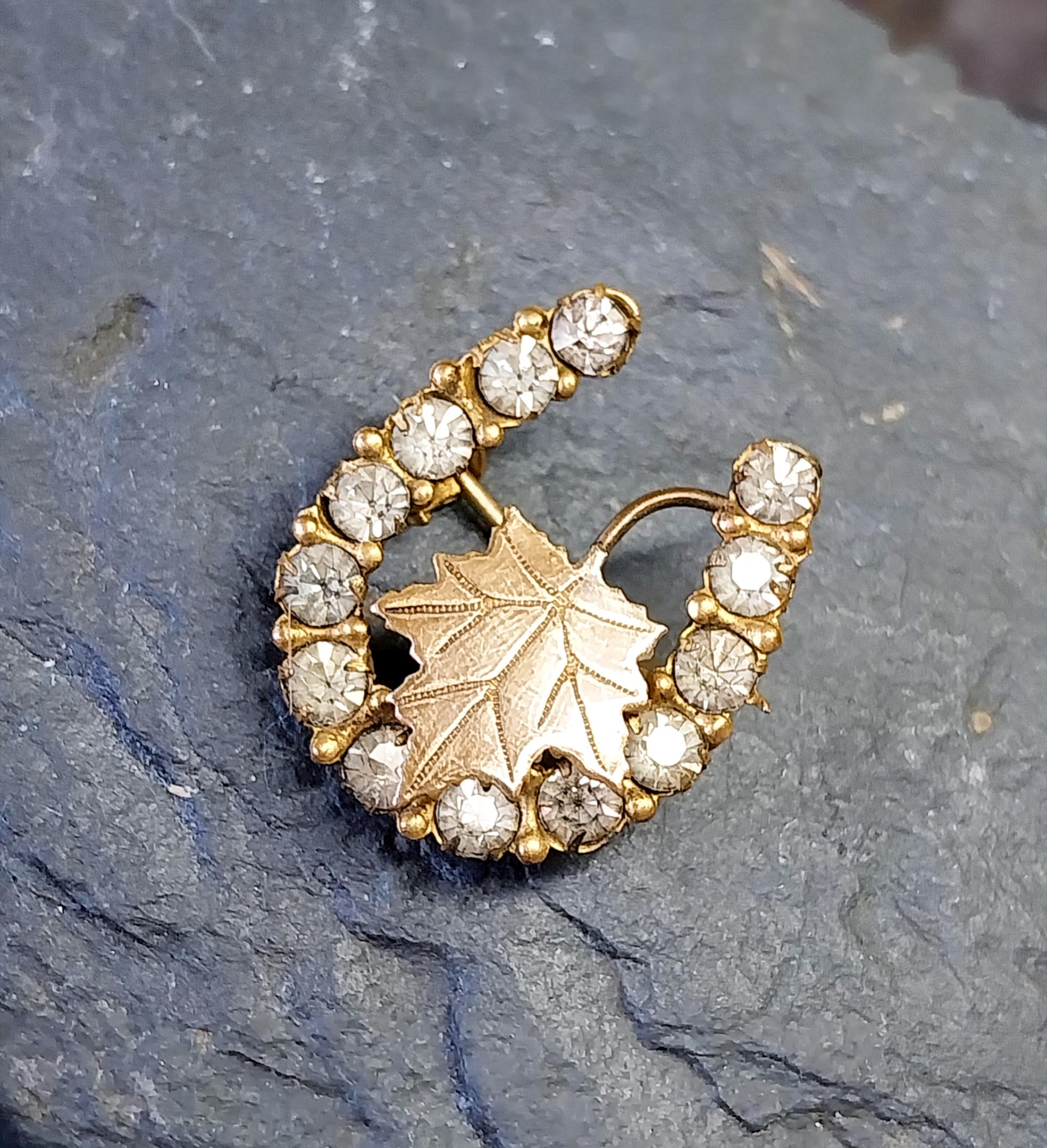 Antique HORSESHOE BROOCH - 9ct Gold Maple Leaf with Paste Stones 3.5g