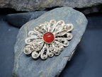 Antique Silver CARNELIAN FILIGREE Flower Brooch - Continental Silver Pin - 7.5g