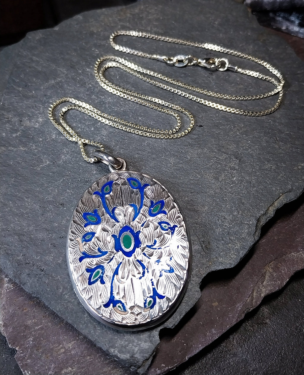 Large Locket Necklace by Danish Echri Cameer, Blue Enamel on 20" chain - 19.7g