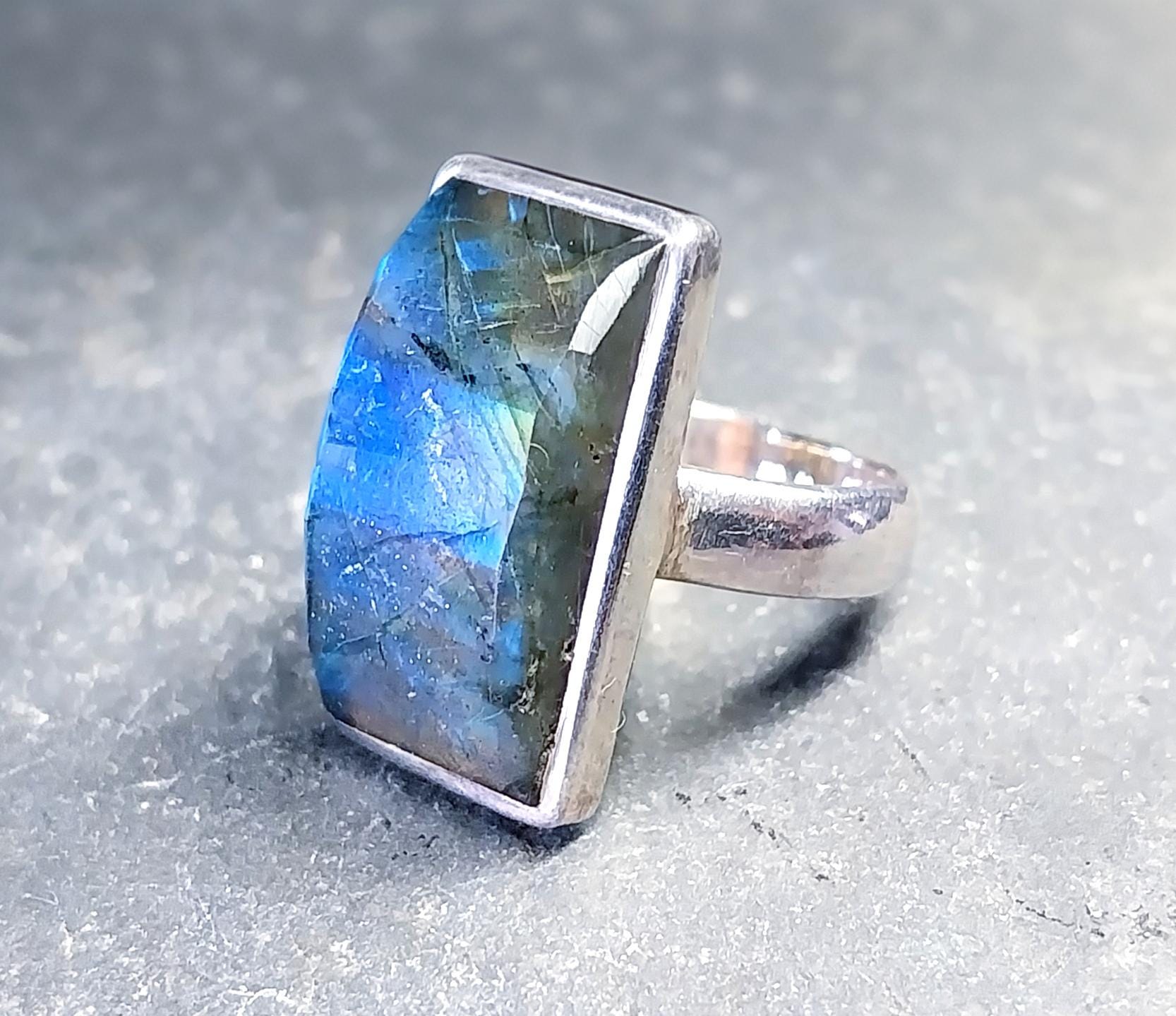 Vintage Labradorite Gemstone Sterling Silver Ring Size O (7) - 8g