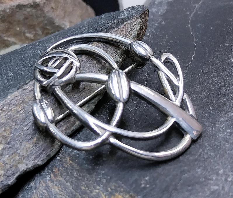 Large Sterling Silver Mackintosh Rose and Cecily Leaf Art Nouveau Brooch - 9g