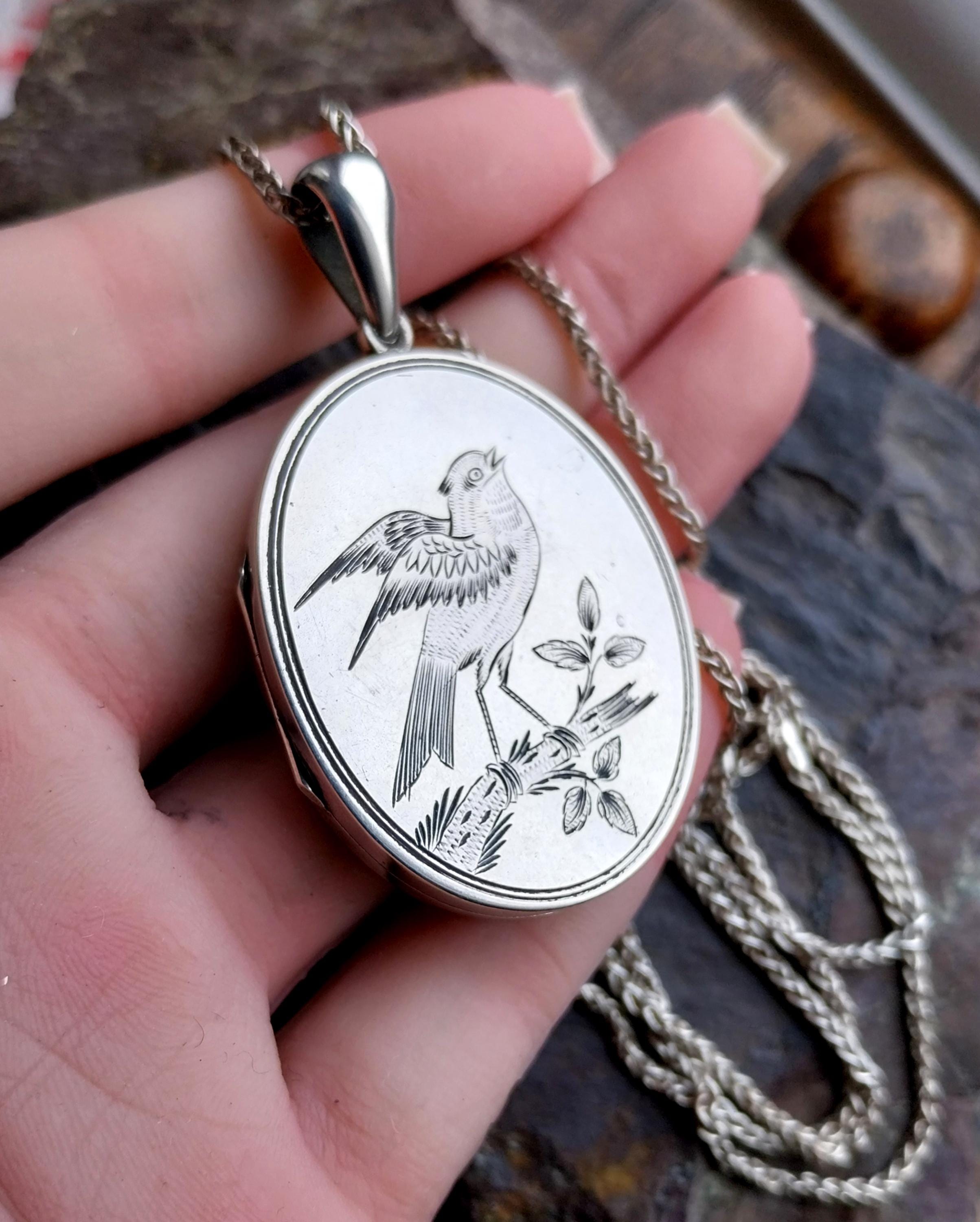 Victorian Sterling Silver SONGBIRD LOCKET - c1879 Horace Woodward with 22" Chain - 20.7g