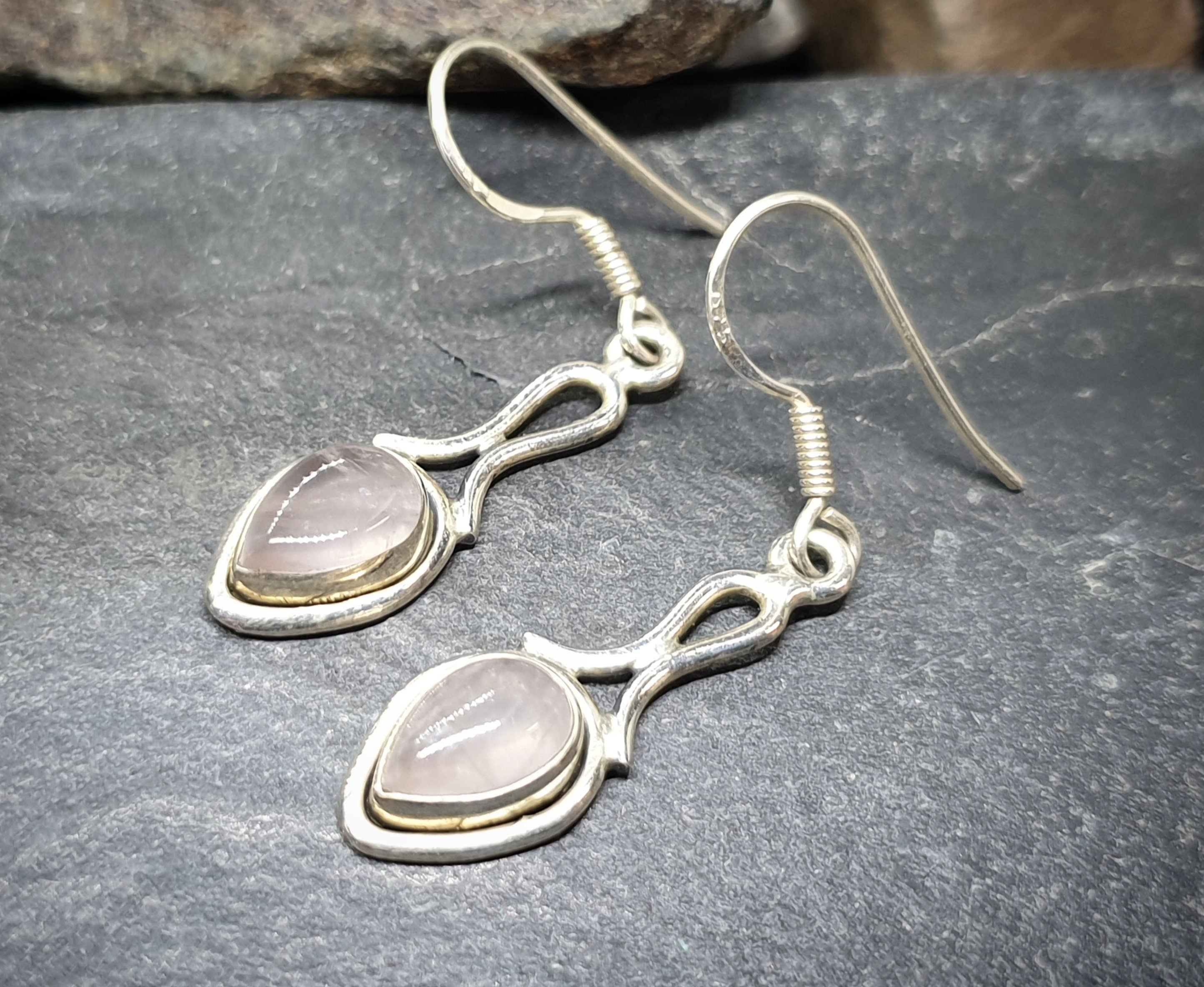 Vintage Sterling Silver Rose Quartz EARRINGS - Long Dangling  - 3.5g