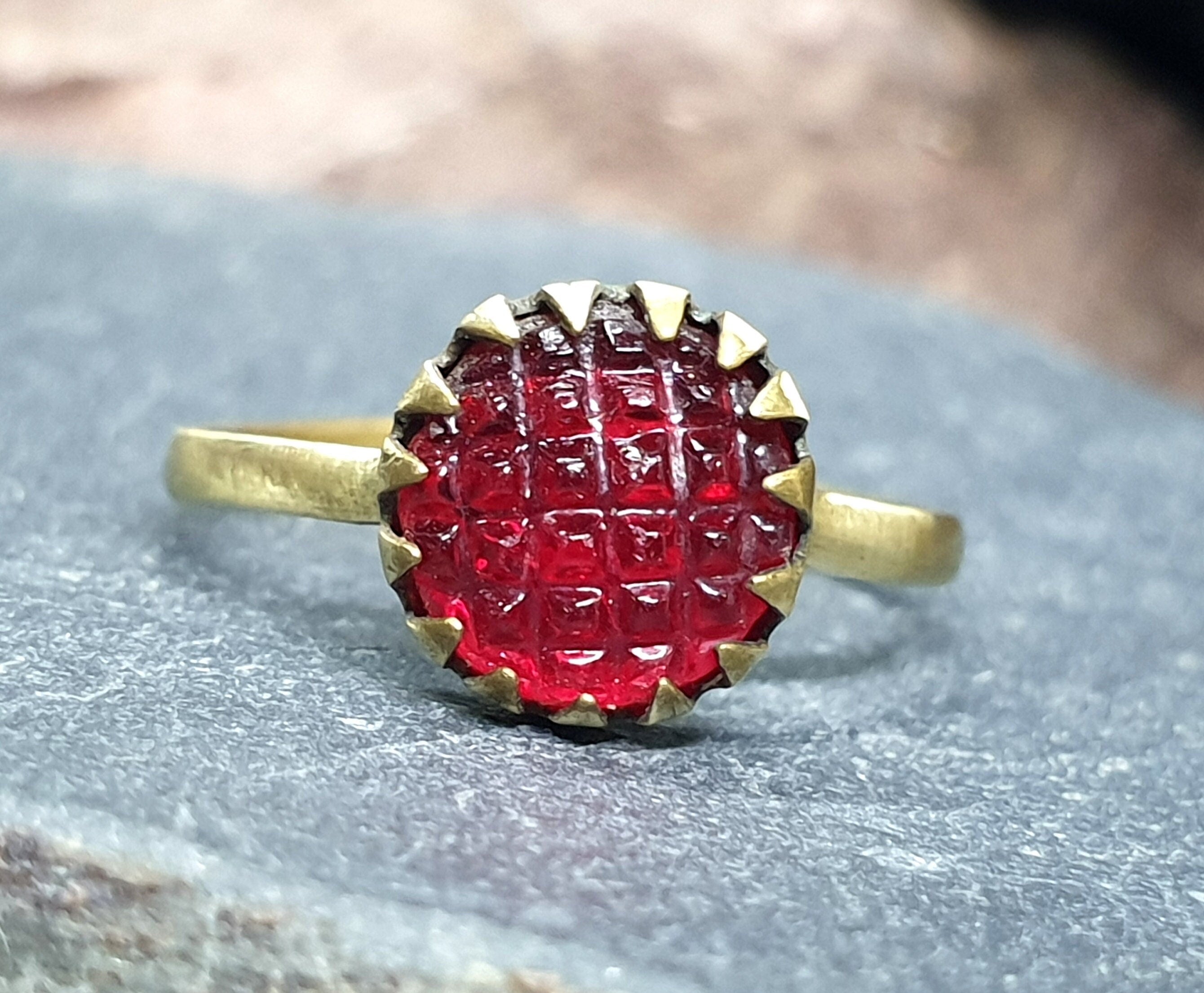 Antique Cranberry Glass Gilt RING - Small Size uk H (us 4)