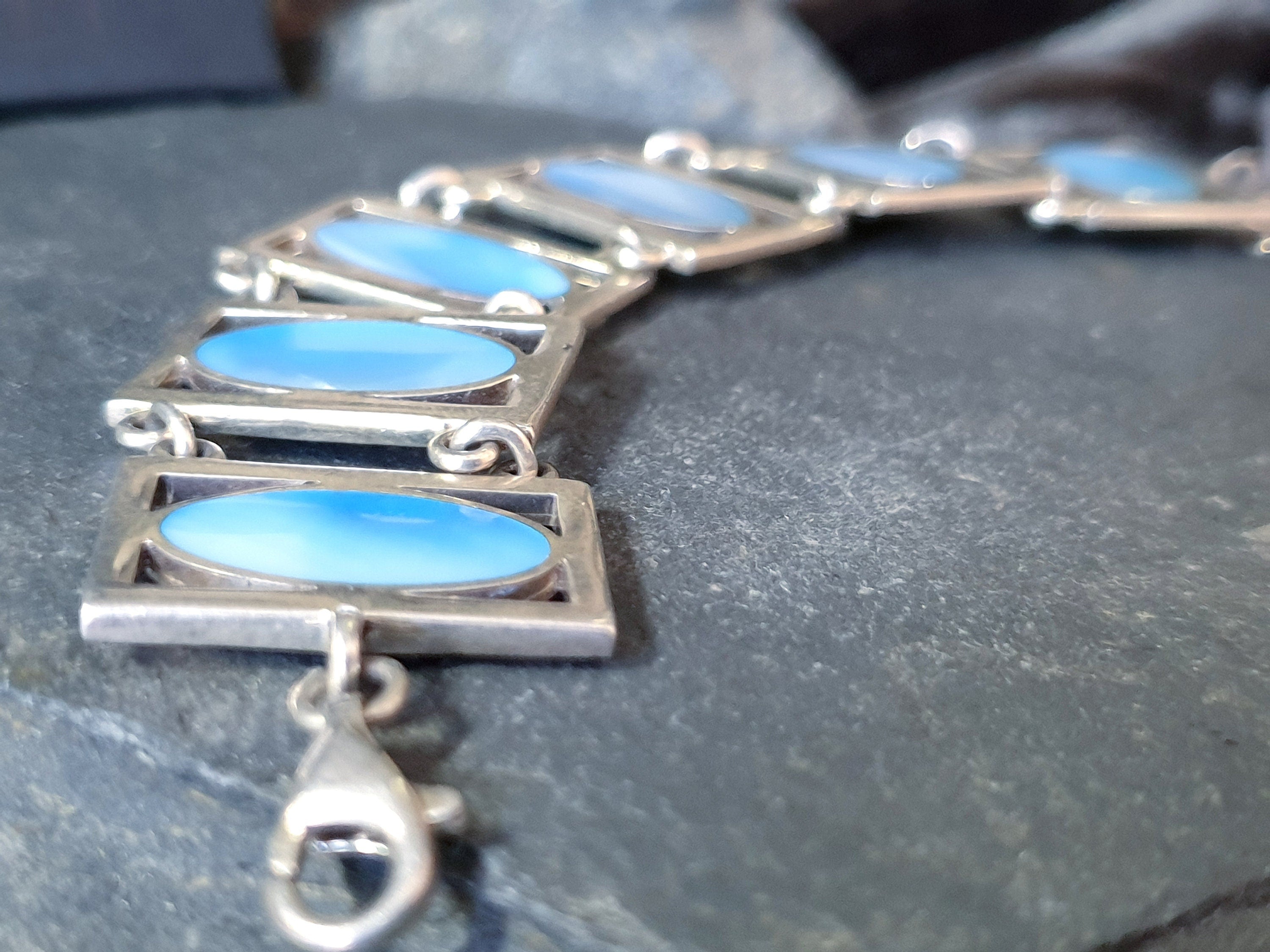Vintage Silver Bracelet with Blue Mother of Pearl Panel Links -23.4g