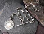 Antique Sterling Silver Albert Watch Chain with T-Bar, Medal Fob and DogClip - 16" - 35.9g