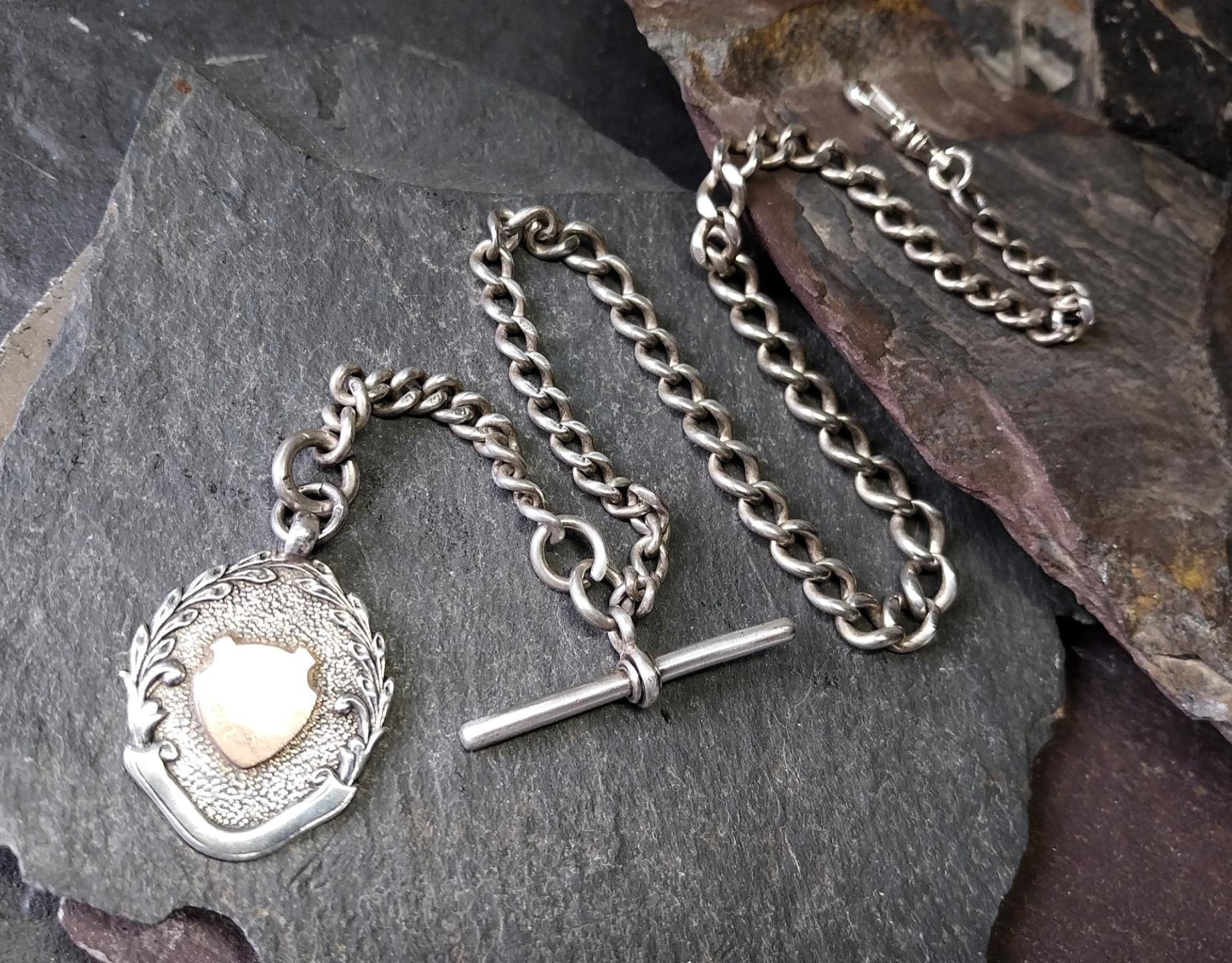 Antique Sterling Silver Albert Watch Chain with T-Bar, Medal Fob and DogClip - 16" - 35.9g