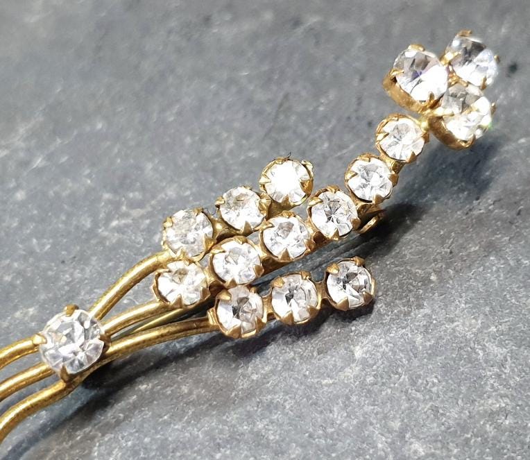 Vintage SHAMROCK Clover Brooch - Gold Tone with Clear Paste Stones