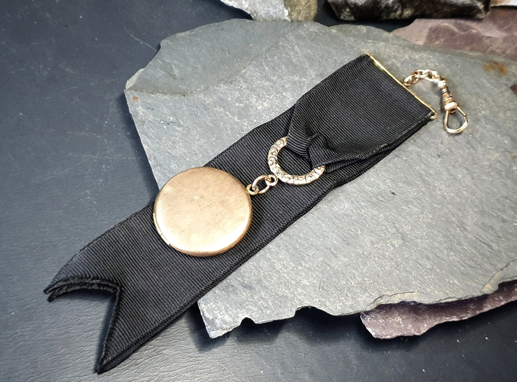 Antique Watch Ribbon with Large Round Photo locket fob - gilt pinchbeck  - 17.9g