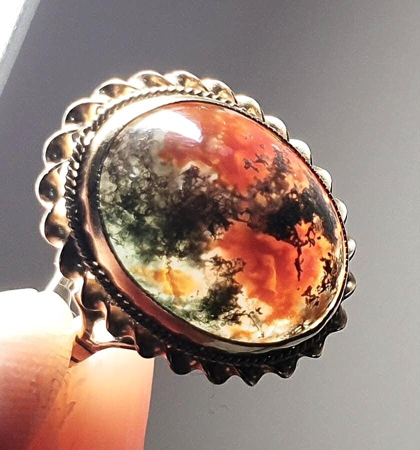 Vintage 9ct Gold MOSS AGATE Ring - Dendritic - Size uk N 1/2 (us 7) - 3.7g