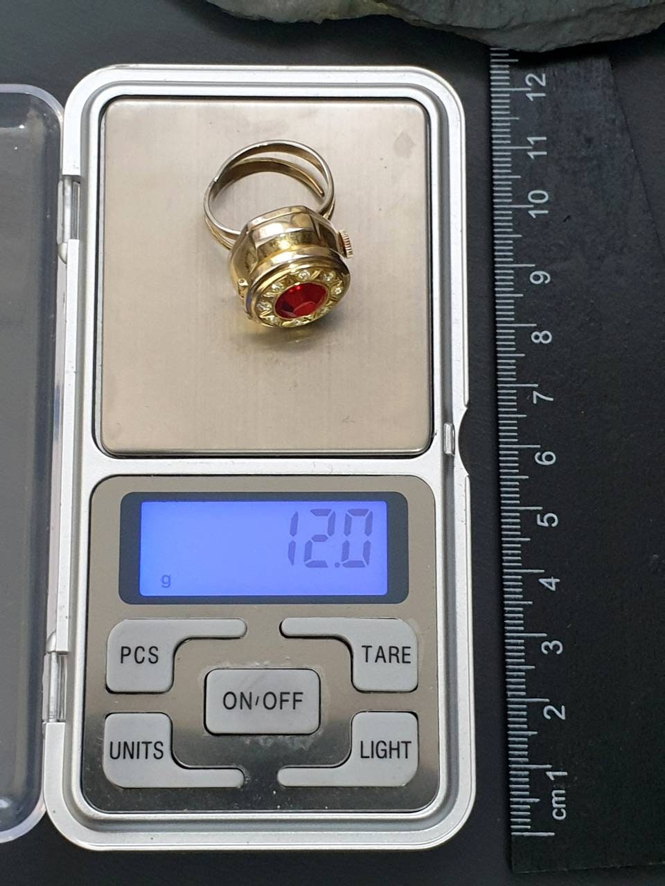 Vintage BVLER LOCKET WATCH Ring - Red Stone & Gold Plated - Size Adjustable - 12g