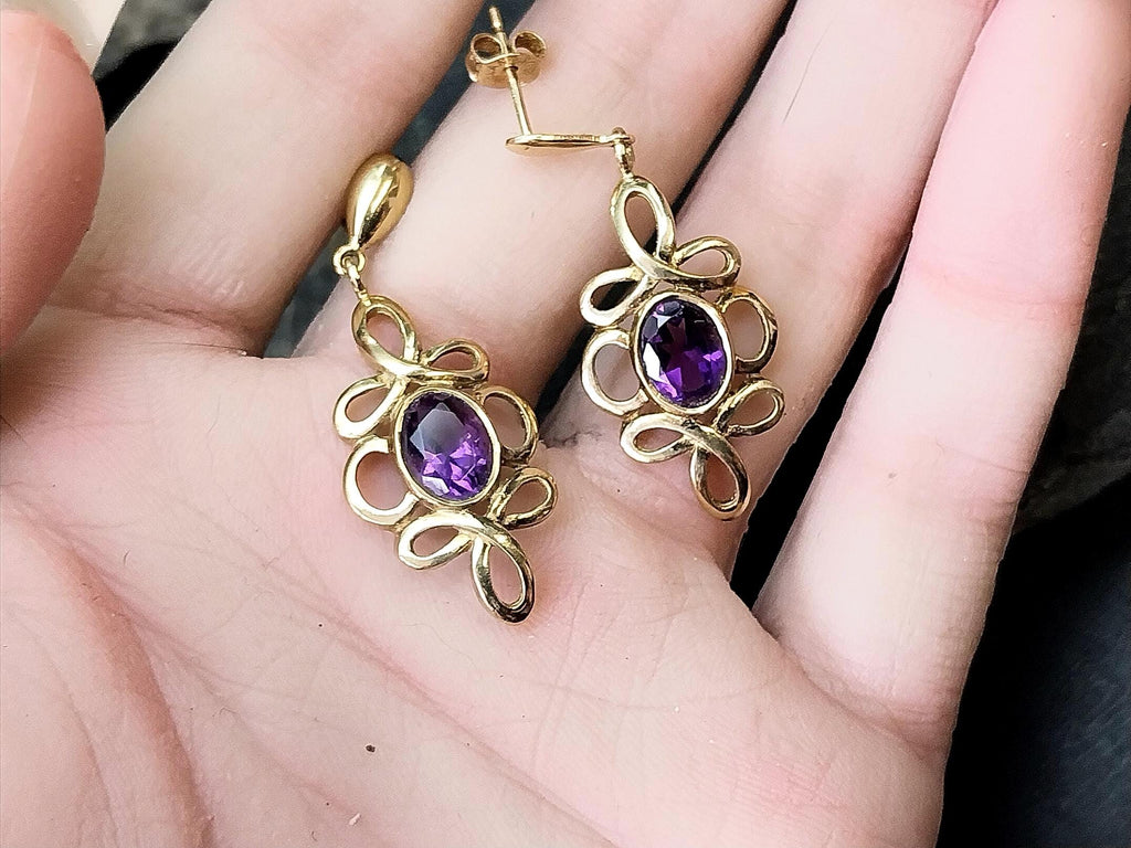 Vintage 9ct Gold Amethyst DROP EARRINGS - Hallmarked - 4g