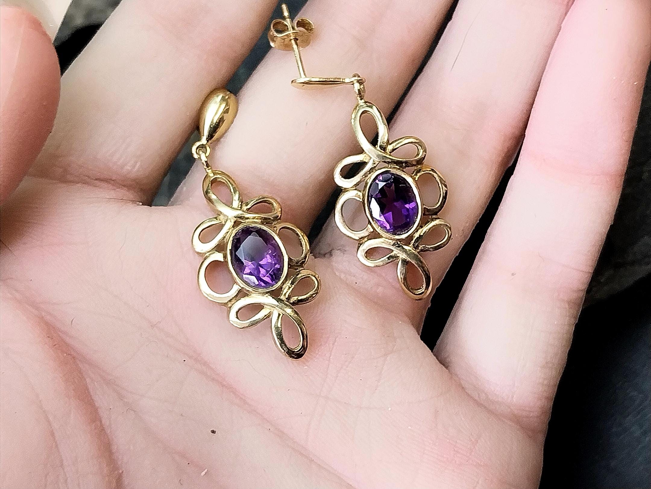 Vintage 9ct Gold Amethyst DROP EARRINGS - Hallmarked - 4g