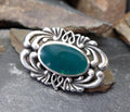 Vintage Celtic SILVER Brooch - with Green Agate - Malachite - 10.6g