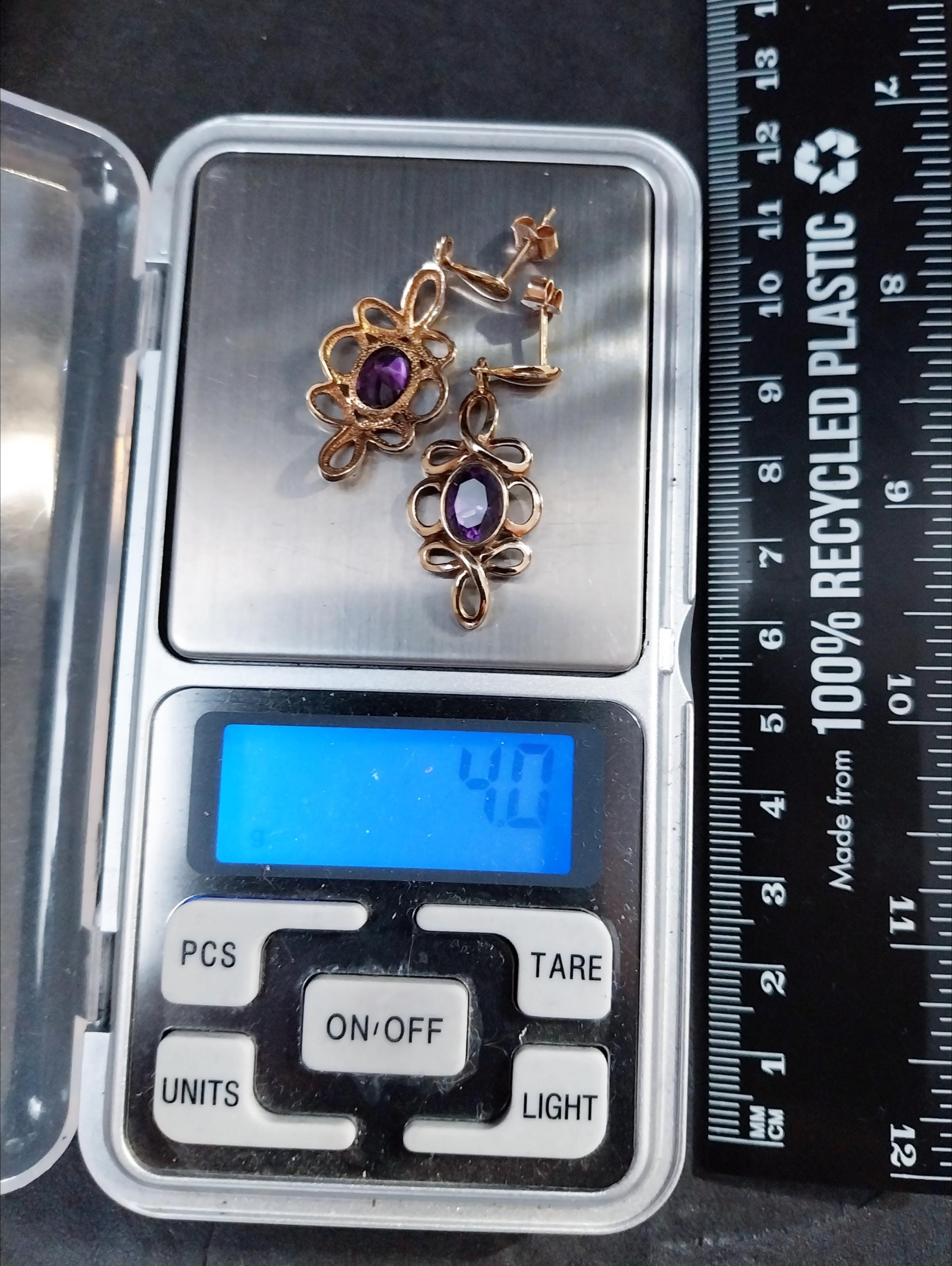 Vintage 9ct Gold Amethyst DROP EARRINGS - Hallmarked - 4g