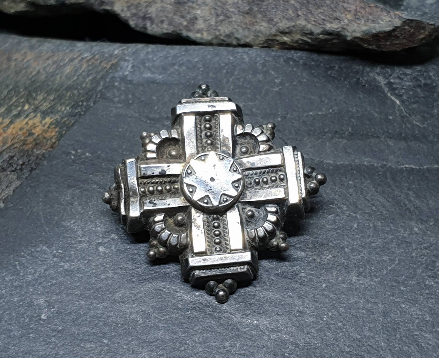 VICTORIAN SILVER Star CROSS Brooch - Celtic Cross - 1883 - 2.8g