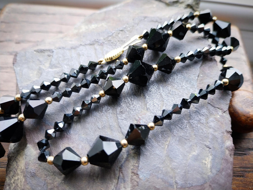 Vintage Jet Black Bead Necklace with 9ct gold spacers - 20" - 21.2g