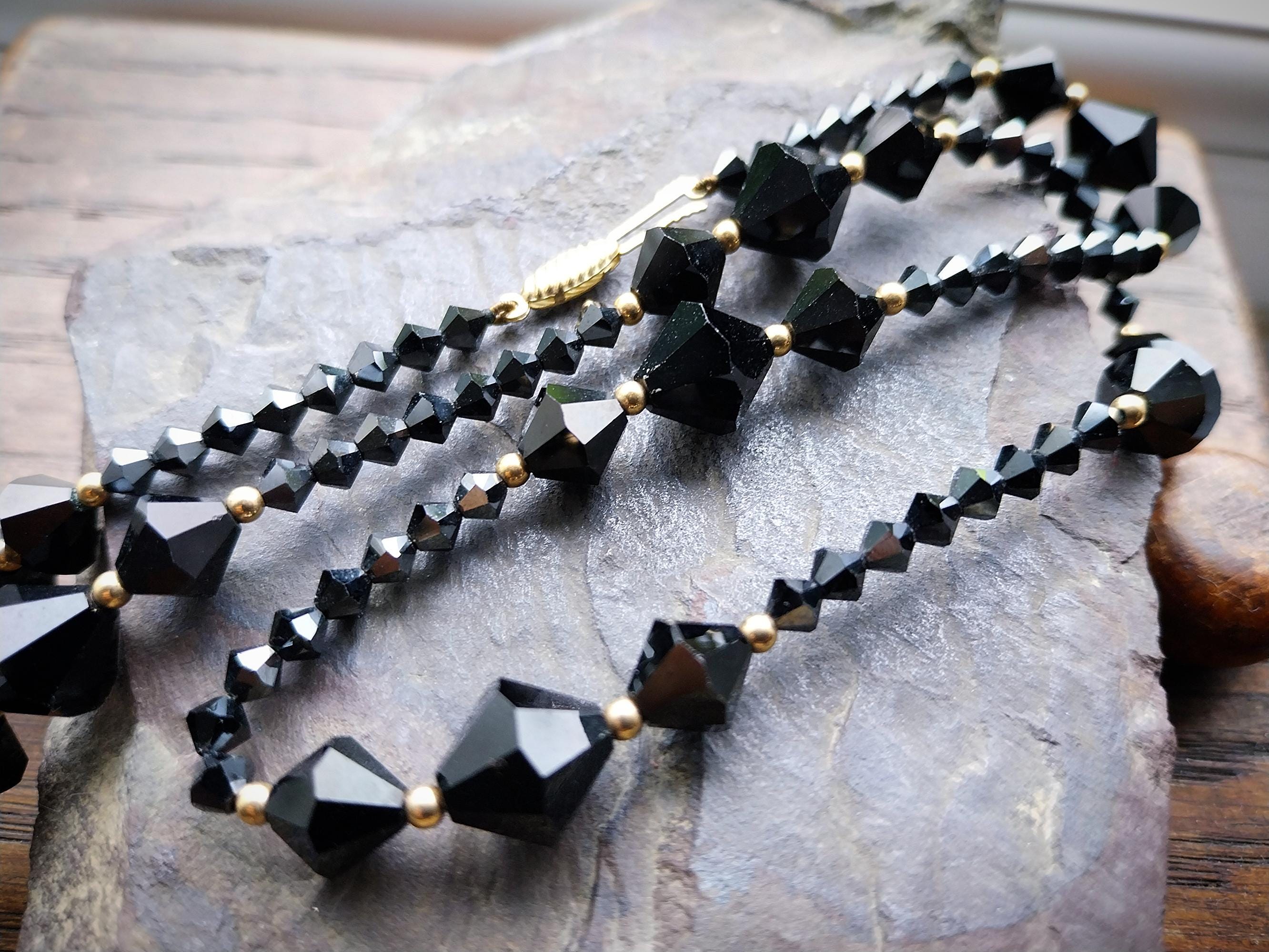 Vintage Jet Black Bead Necklace with 9ct gold spacers - 20" - 21.2g