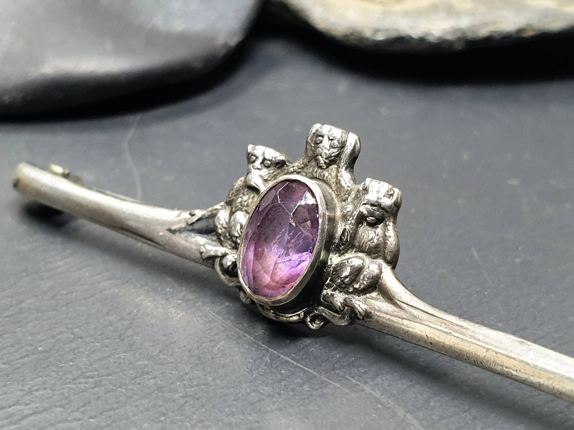 VICTORIAN AMETHYST BROOCH - Three Wise Monkeys Pin - Antique Silver