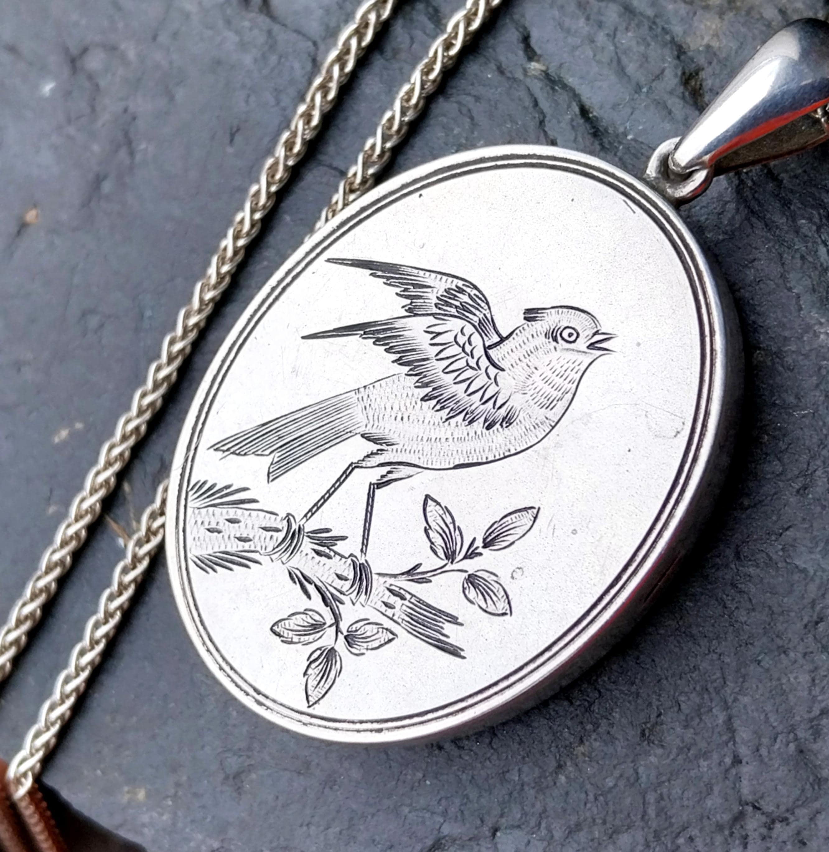 Victorian Sterling Silver SONGBIRD LOCKET - c1879 Horace Woodward with 22" Chain - 20.7g