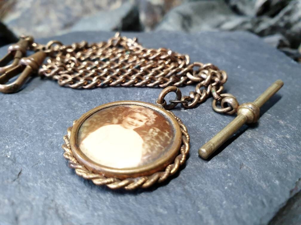 Antique Dog Clip Chain with Photo Locket Fob and T Bar - Pinchbeck 16"  - 25.9g