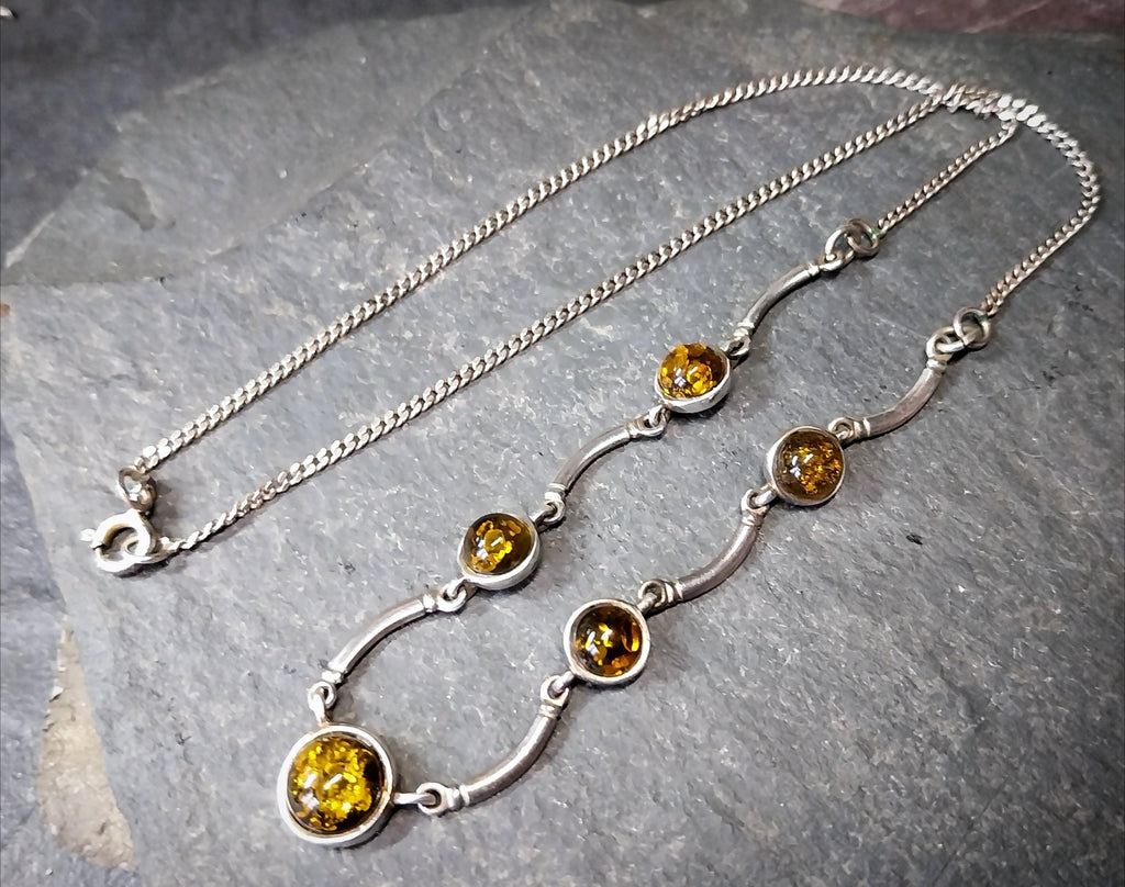 Vintage Sterling Silver Amber Chain Necklace 17" Length - 7g