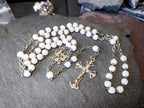 Vintage White MOP ROSARY Beads - Small Vintage Old Prayer Beads and crucifix - 15"