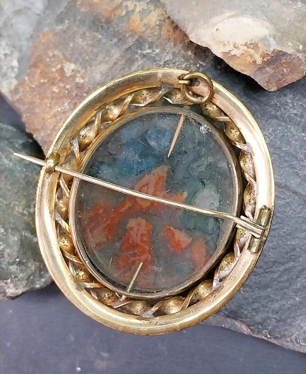 Victorian SWIVEL LOCKET BROOCH with Moss Agate - Big Size - 32.2g