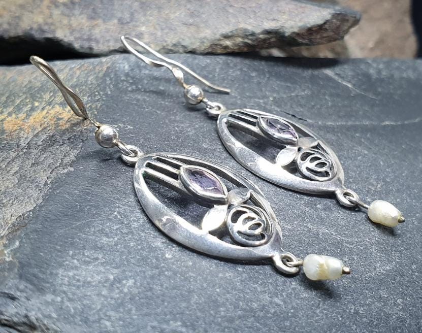 Sterling Silver CELTIC ROSE Dangle Earrings - with Purple amethyst Stone - 4.2g