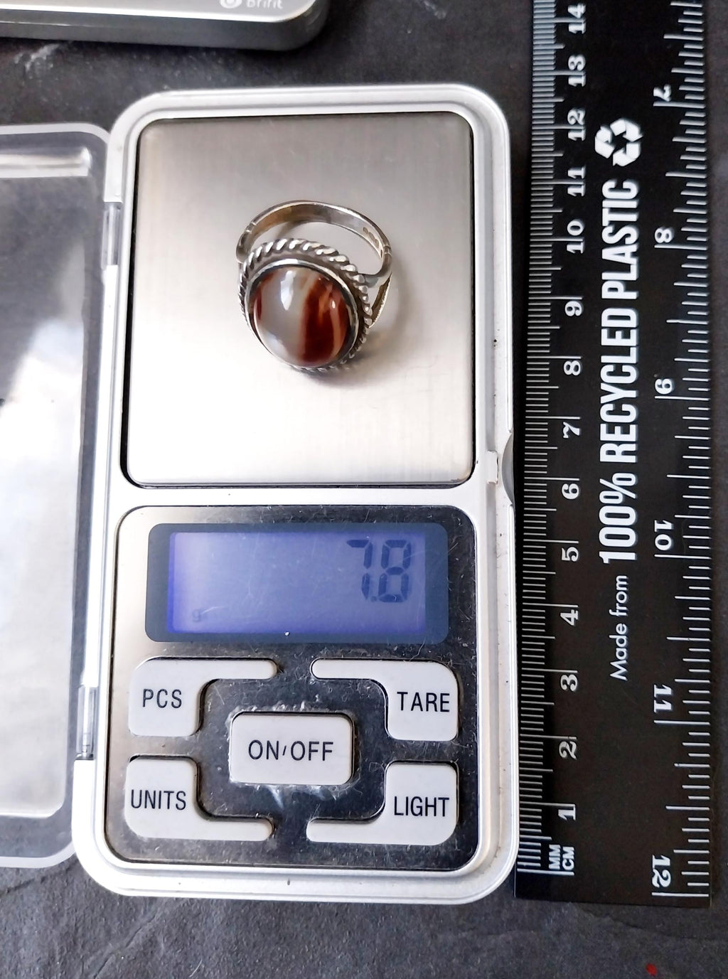Vintage SILVER Jasper Flame AGATE Ring - Size uk R (us 8.5) - 7.8g