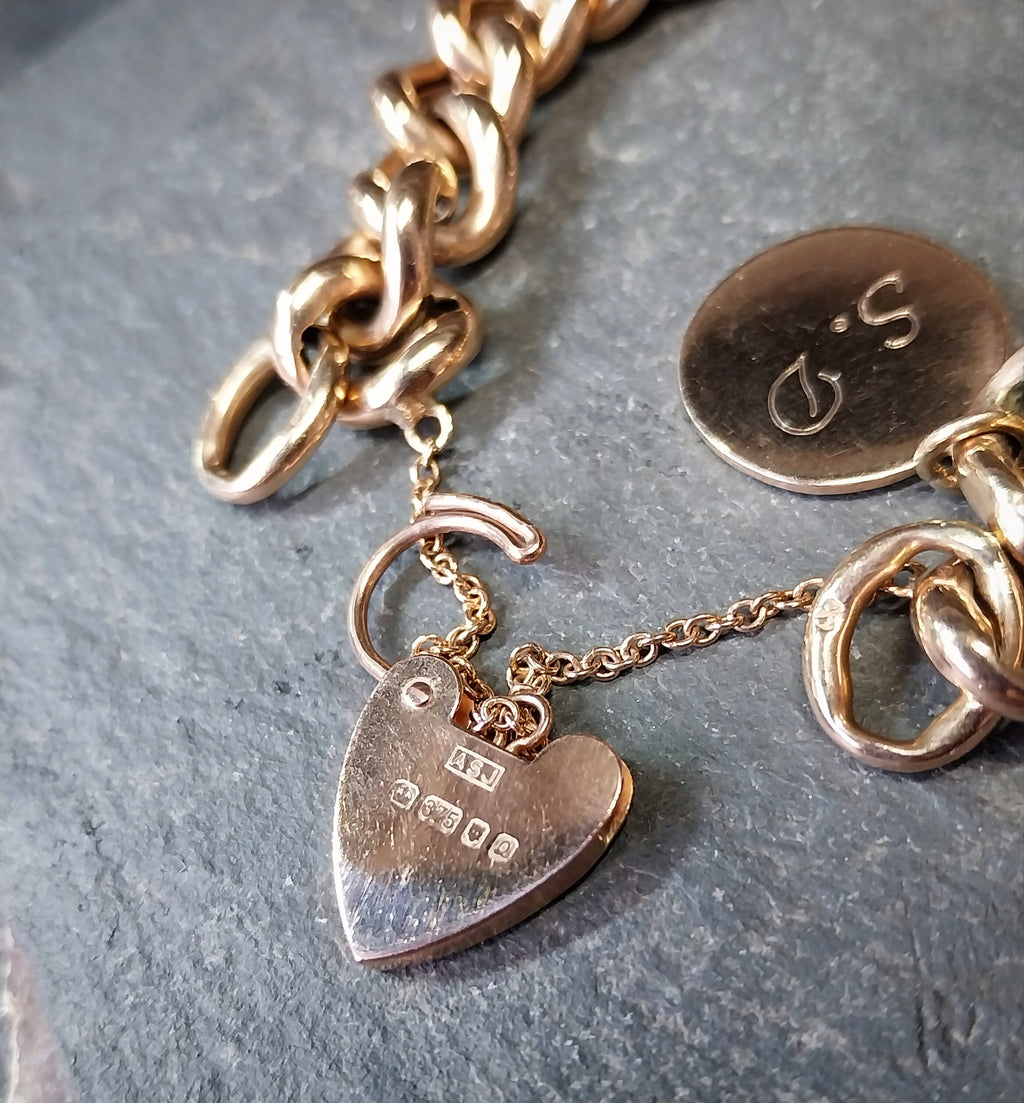 Antique Vintage Solid 9ct Rose GOLD LINK Bracelet & Heart Padlock Clasp - 20.1g