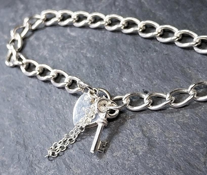 Vintage SILVER LINK BRACELET with Lock and Key - 16cm - 8.8g