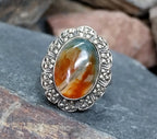 Art Deco 935 Silver MOSS AGATE RING - uk size N (us 6.5) - 5.5g