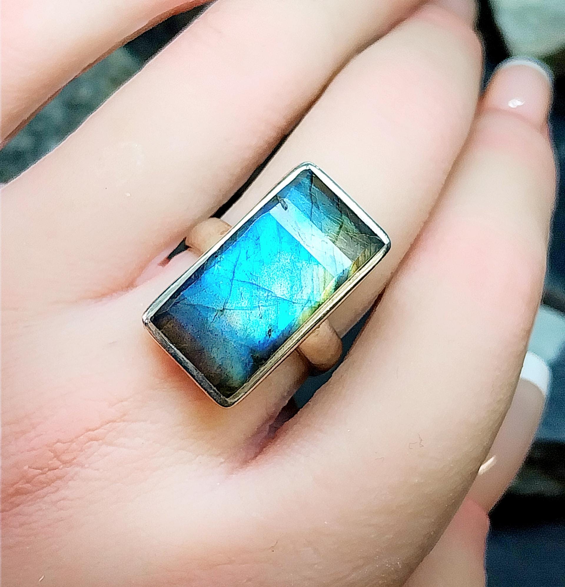 Vintage Labradorite Gemstone Sterling Silver Ring Size O (7) - 8g